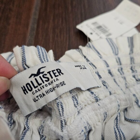 Hollister White High Rise Blue Stripe Paperbag Tie Sash Shorts Nautical Girl XS - Picture 6 of 8